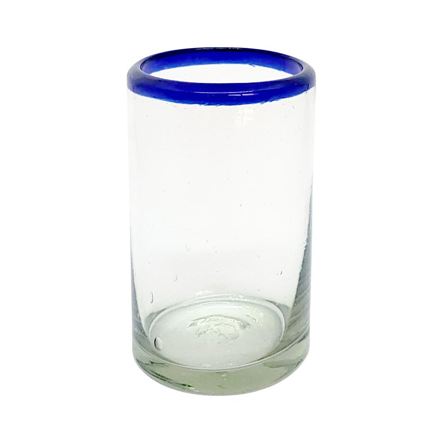 Cobalt Blue Rim Glassware / Cobalt Blue Rim 9 oz Juice Glasses (set of 6) / For those who enjoy fresh squeezed fruit juice in the morning, these small glasses are just the right size. Made from authentic recycled glass.